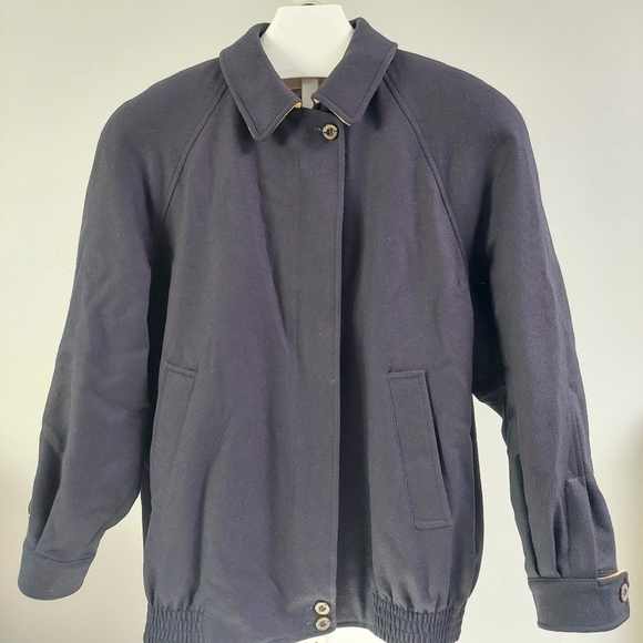 Vintage Burberrys Wool Bomber Coat Size 8 Navy Blue Equestrian Logo Classy - Picture 1 of 16